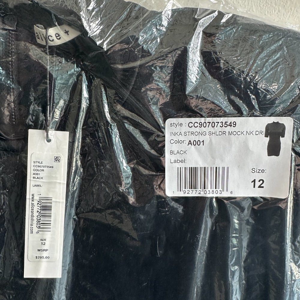 Alice + Olivia Inka Strong Shoulder Dress COLOR: BLACK SIZE: 12 L XL New - Picture 5 of 7